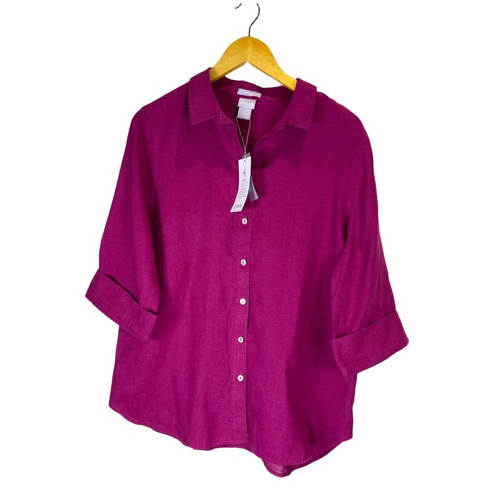 Chicos No Iron 100% Linen Shirt Botanic Berry Pink 3/4 Sleeve Size 2 Large NWT